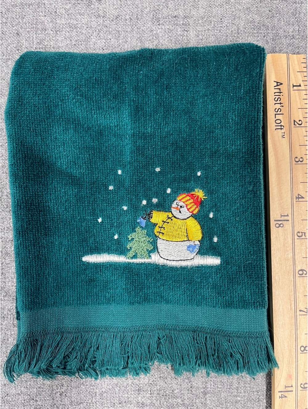 1978 Vintage Green Christmas Hand Towel with Embroidered Snowman